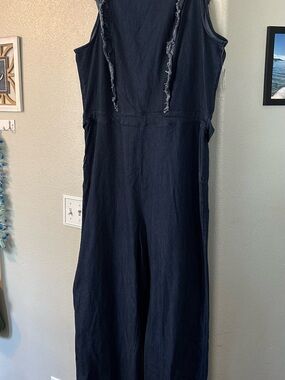 Dark Wash Denim Wide Leg Sleeveless Jumpsuit Ruffle Trim Raw Hem 24W